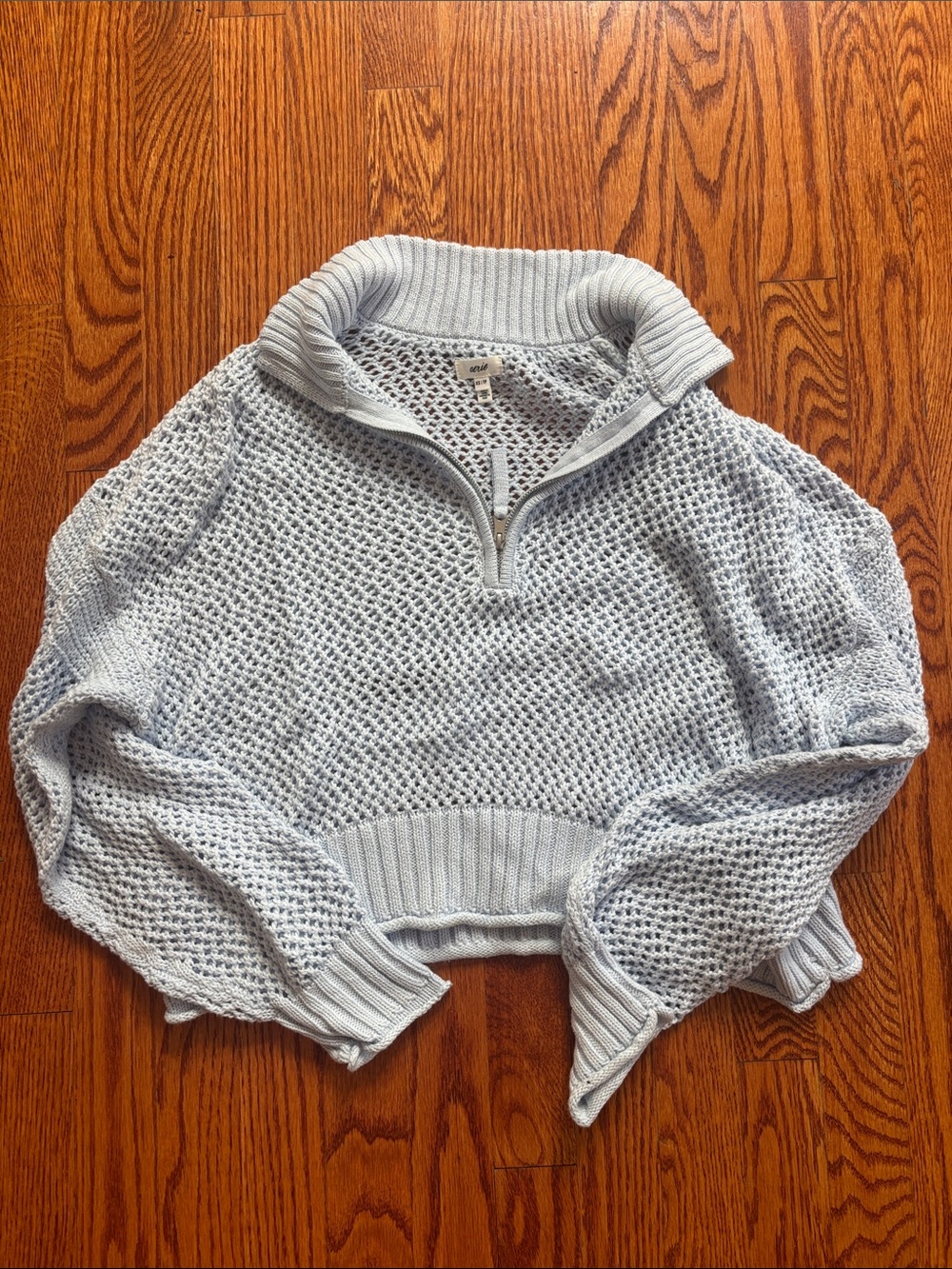 Aerie Light Blue Half-Zip Open Knit Sweater